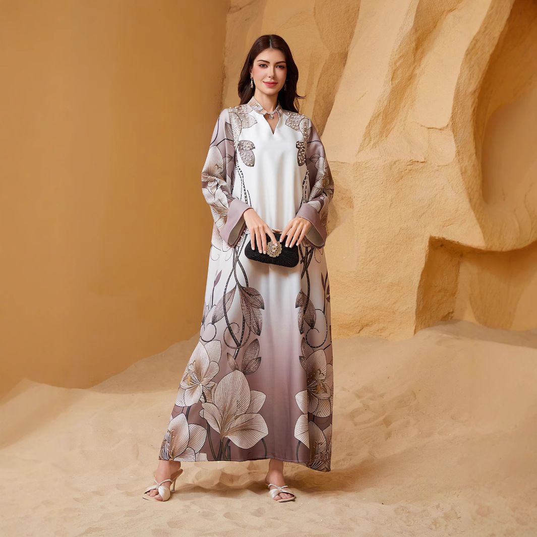 Elegant Muslim Abaya Dress With Floral Print, Beading & Rhinestones – V-Neck, Turn-Up Sleeves, Comfortable Long Maxi Dress For Women_voghion.com