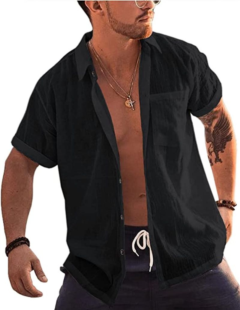 herenkleding T-shirt met zakje korte mouwen linnen katoenen strandtop brede kraag effen kleur_voghion.com