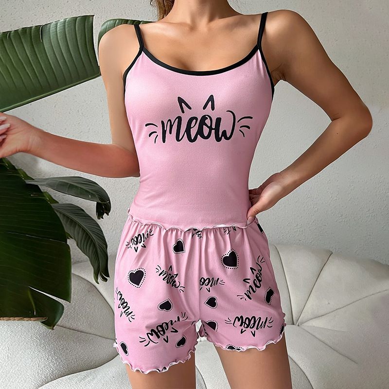 Damenbekleidung Mode Sommer Sexy Pyjamas Damen Ärmellose Hosenträger Shorts Home Kleidung Anzug Milchseide_voghion.com