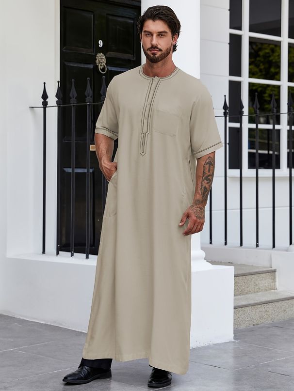 Herrenbekleidung Türkische Herrenrobe Einfarbiges, lockeres Knopfhemd Herrenrobe Thobe_voghion.com
