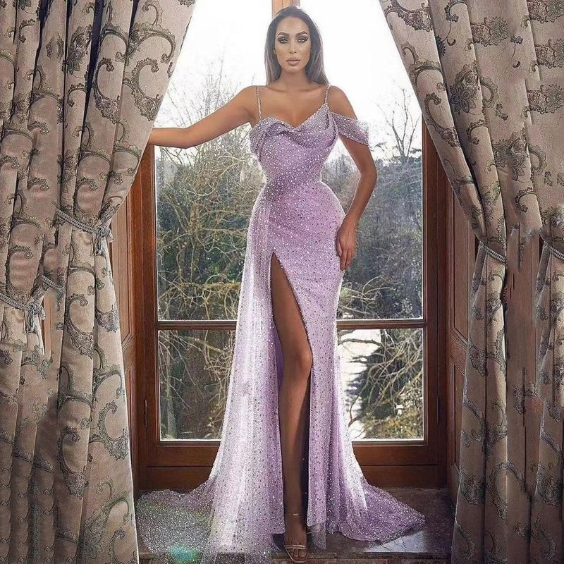 Women's Clothing women's dress suspender long skirt slit sequin irregular evening dress_voghion.com