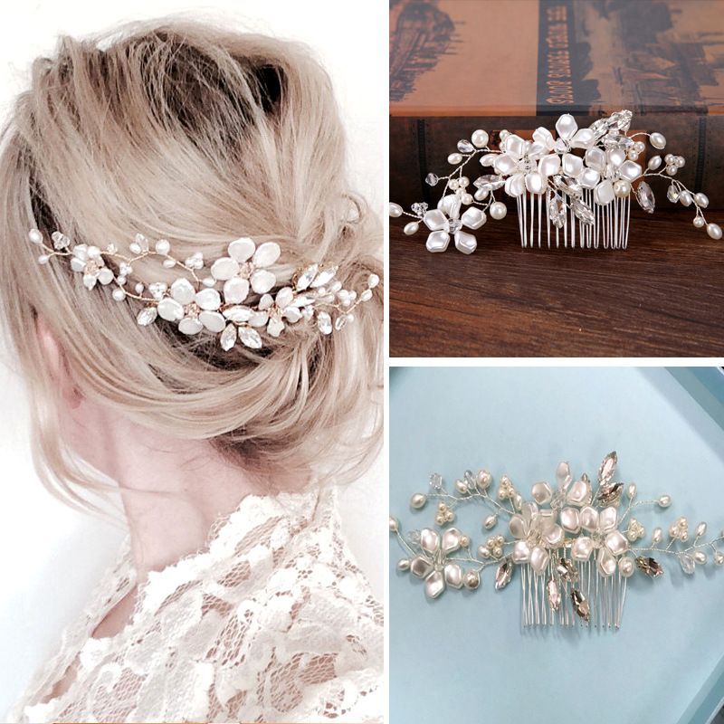 Sieradenset voor dames Mode Bruids Handgemaakte Parel Haar Kam Witte Bloem Koperdraad Kam Hoofdtooi Bruidsaccessoires_voghion.com