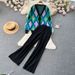 Women's Clothing contrast color knitted suit for women, retro V neck jacquard sweater cardigan + wide leg casual pants two piece suit_voghion.com