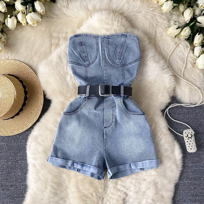 Dameskleding mooie petite outfits voor damesjeans modieuze hot diamant hoge taille slanke mouwloze tube-top jumpsuit_voghion.com