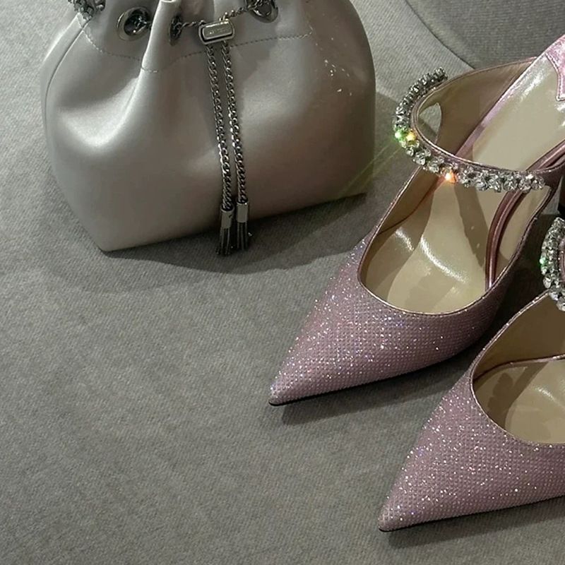 Pointed High Heels Women's Thin Heels Spring And Autumn New Purple And Pink One-word Rhinestone Chain Bag Head Sandals_voghion.com