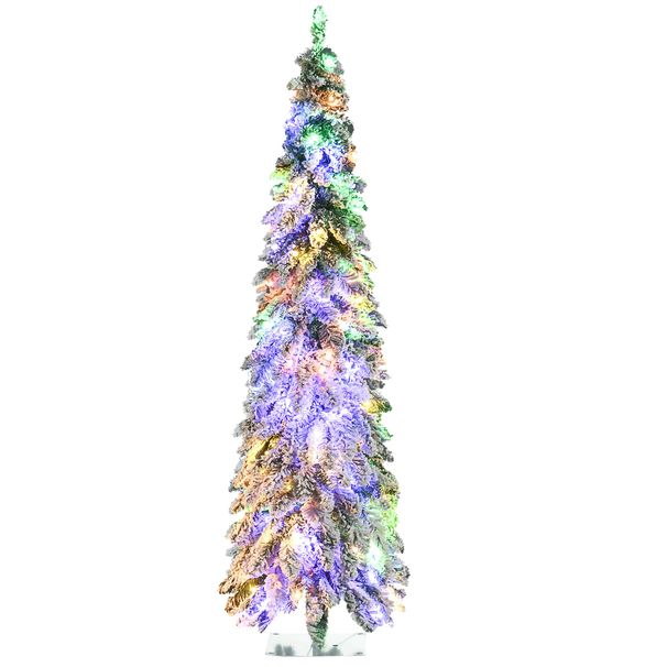 Tall Prelit Pencil Artificial Christmas Tree Holiday Décor With Snow Flocked Branches, Warm White Or Colorful LED Lights, Downswept Shape_voghion.com
