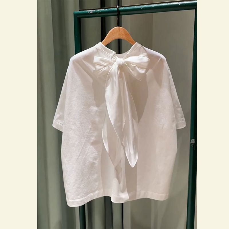 Ženska odjeća Jedinstveni prekrasni topovi Prekrasna bijela majica kratkih rukava s okruglim izrezom i leptir-mašnom_voghion.com