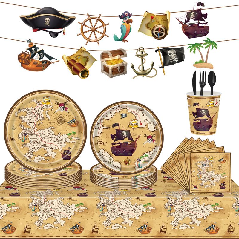 New Pirate Treasure Hunting Theme Disposable Table Cloth, Paper Plate, Paper Cup, Paper Napkin, Flag Pulling Party Set Decorative Supplies_voghion.com