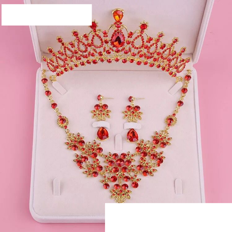 Nieuwe bruidsketting rode strass sieradenset bruiloft sieraden kroonjurk accessoires set ketting driedelige set_voghion.com