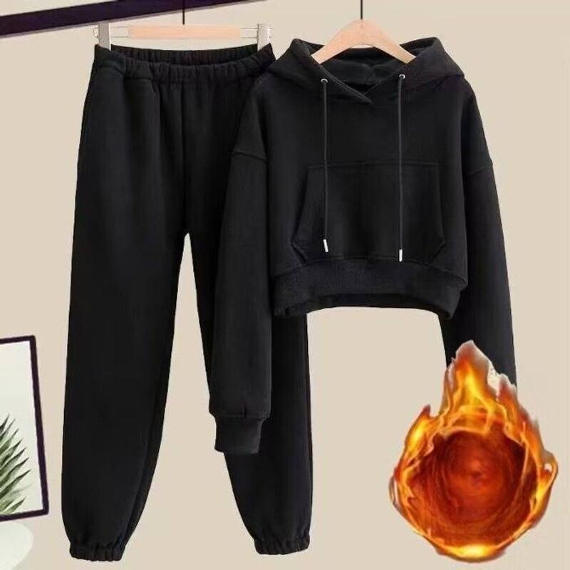 Women's Clothing Small Autumn And Winter Casual Fashion Suit Plus Velvet And Thick Hooded Sweatshirt Sweatpants Sportswear Winter Two Piece Suit_voghion.com