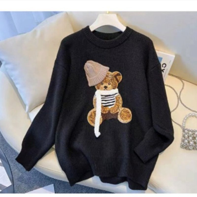 Women's Clothing Lazy Korean style bear pullover for women autumn and winter niche wear loose slim knitted sweater top_voghion.com