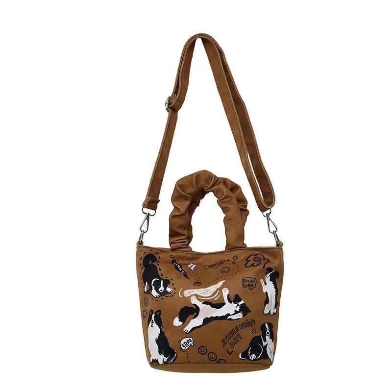 Small cute puppy with casual printing versatile canvas bag, water bucket, shoulder and crossbody handbag_voghion.com