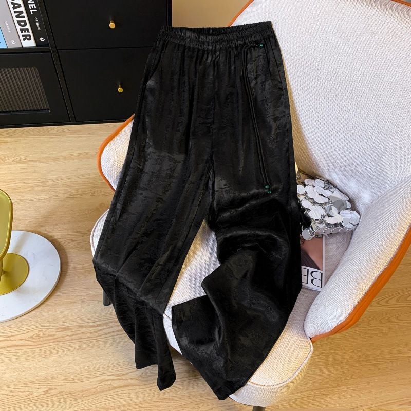 Damenbekleidung Gerade Hosen aus Seidenjacquard im chinesischen Stil für Damen Frühling und Sommer Hohe Taille Knopfquaste Drapierung Lässige Hosen mit weitem Bein für Damen_voghion.com