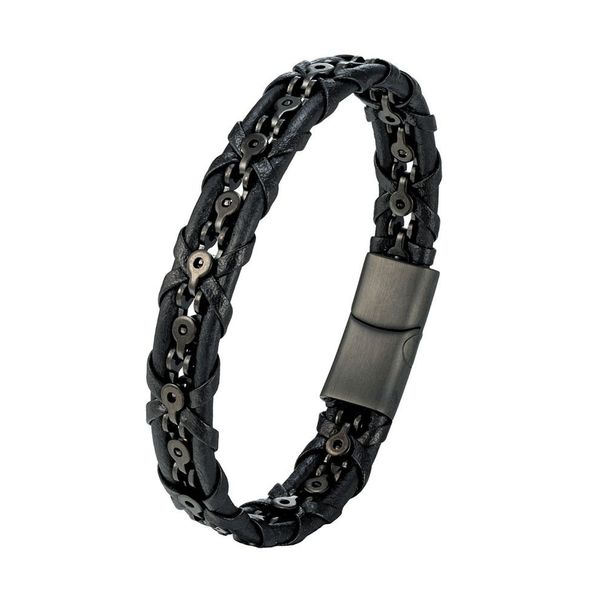 Trendy Jewelry Simple Style Titan Stahlkette Echtes Punk Geflochtenes Lederseil Armband Herrenmode_voghion.com