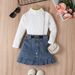 Children's Dress Girls Solid Color Vest Long Sleeve Top Denim Open Bag Pleated Skirt Suit_voghion.com