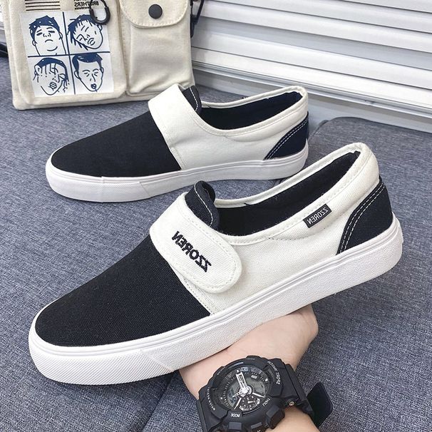 Herren Ein Pedal Klettverschluss Canvas Schuhe Sitzsack Schwarz und Weiß Gingham Nebel Joint Name Neue Ankunft Paar Turnschuhe Student_voghion.com