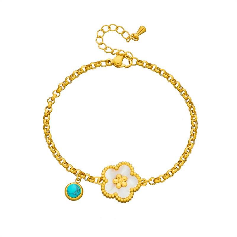 Fashion niche style Retro gold-plated stainless steel blue turquoise shell five-petal flower accessory chain bracelet_voghion.com