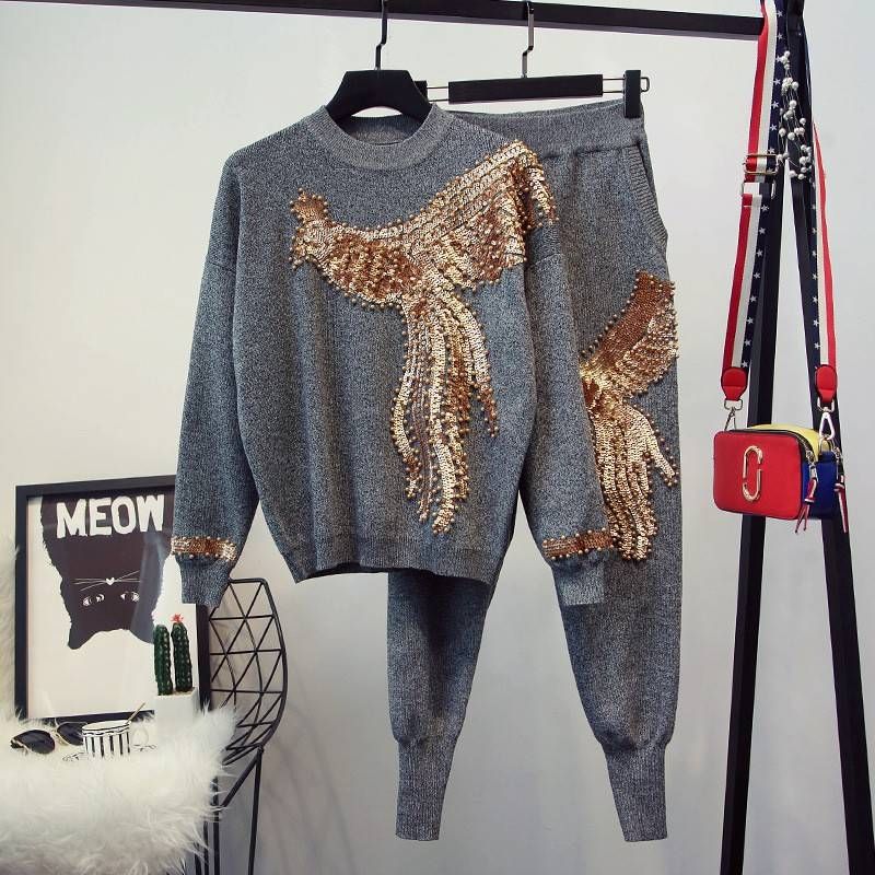 Women's Clothing autumn and winter new women's clothing European station peacock beaded sweater sweater skinny pants slim two piece suit_voghion.com
