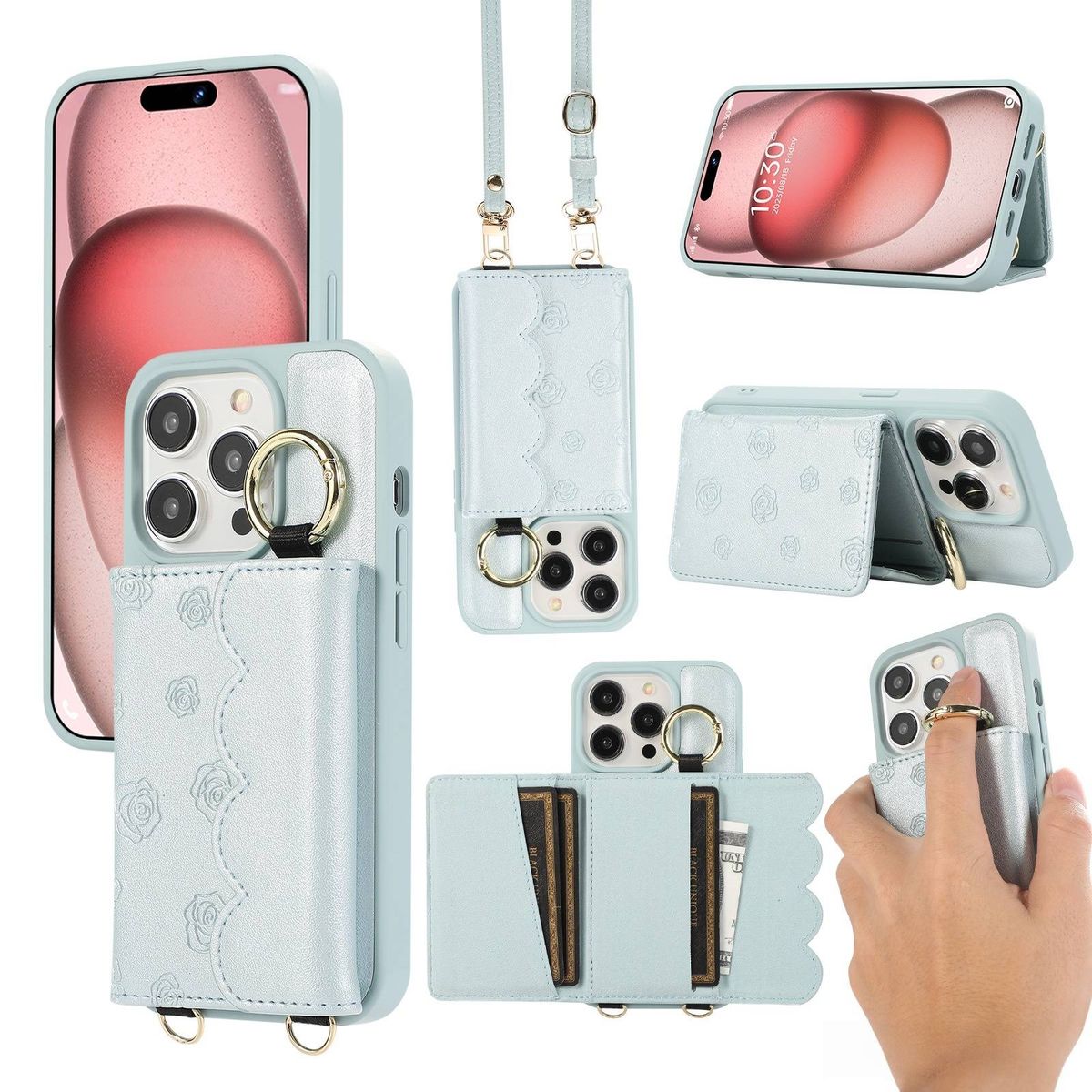 Rose Pattern Card Slot Phone Case For IPhone 15 Pro/14/13 - Slim Wallet Crossbody PU Leather Protective Cover With Detachable Strap_voghion.com