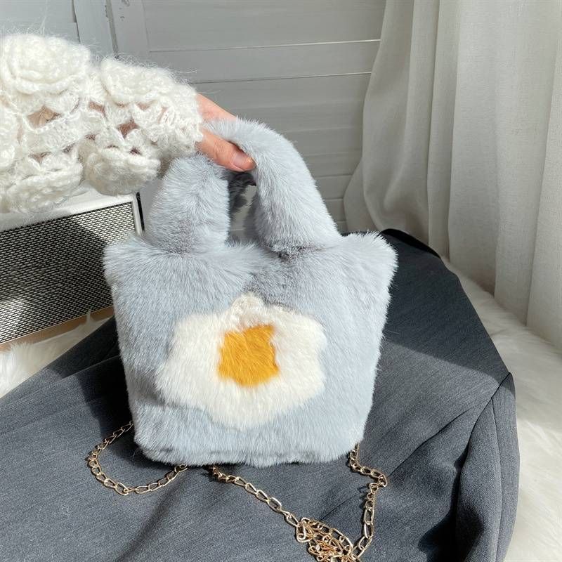 Fluffy Egg Flower Mini Crossbody Bag For Women & Kids – Soft Faux Rabbit Fur, Stylish & Cute Handbag With Chain Strap (Multiple Colors)​_voghion.com