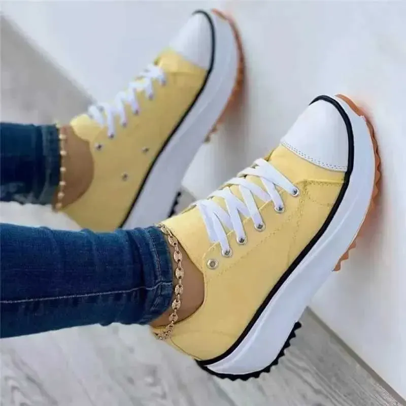 Speedy 2025 Classic White Canvas Women Sneakers Solid Lace-Up Casual Platform Shoes for WomenL464_voghion.com