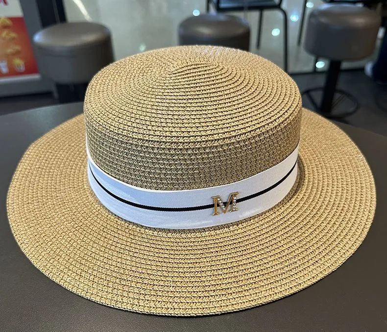 Chapeau d'été pour femmes français paille tressée chapeau de paille à bord plat avec grand bord solaire chapeau de soleil mode chapeau de plage_voghion.com