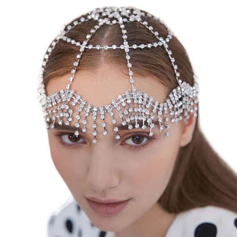 multi layer rhinestone headdress Women's irregular rhinestone tassel mesh headdress wedding accessories chain_voghion.com