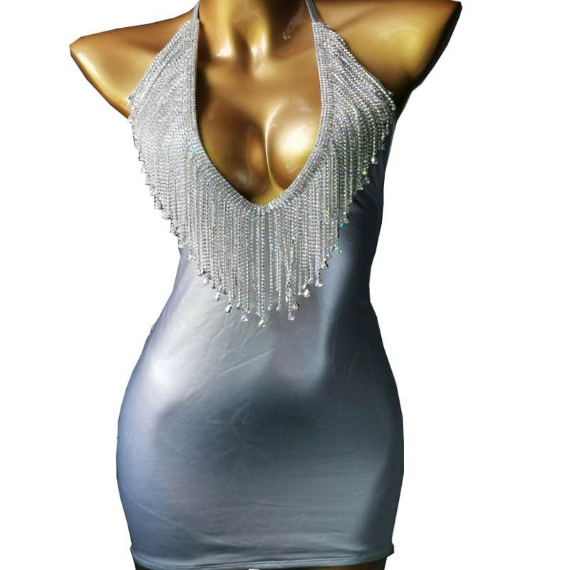 Novo vestido preto com decote em V e franjas, com cadarço, para festa em boate, sem costas_voghion.com