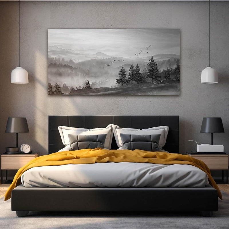 Foggy Mountain Wall Art Canvas Prints Painting With Tree And Bird Pictures -for Living Room, Bedroom, Kitchen, Dining Room, Or Home Office_voghion.com