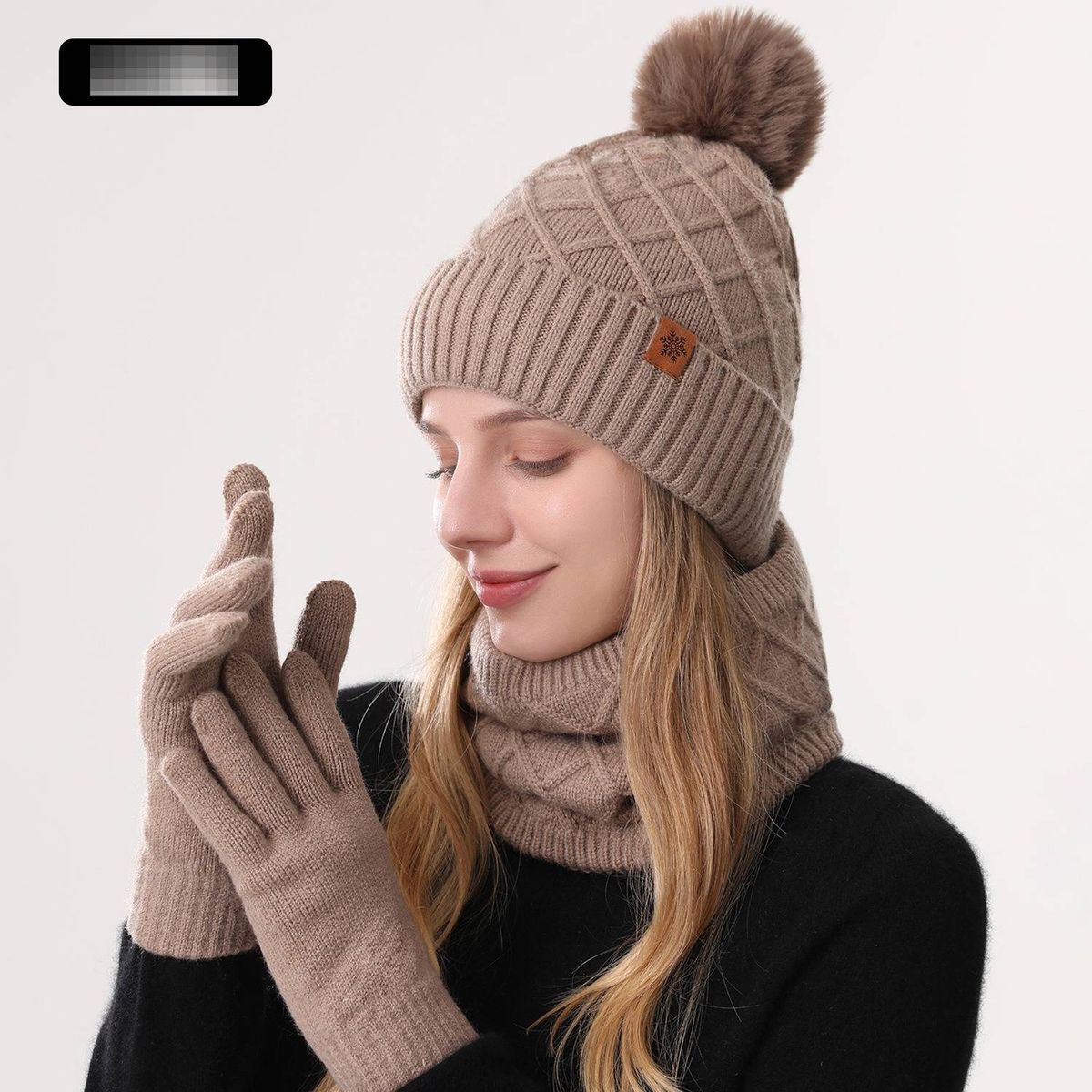 Gorro de malha de inverno para mulheres, veludo de camada dupla e gorro de malha quente e grosso, cachecol e luvas, conjunto de três peças_voghion.com