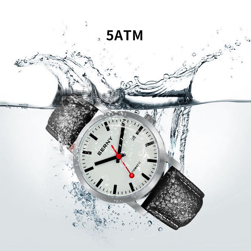 BERNY Automatic Watches For Men Minimalist 5ATM Waterproof Analog Mechanical Leather Watch With Date Luminous Stainless Steel Sapphire Wrist Watch_voghion.com