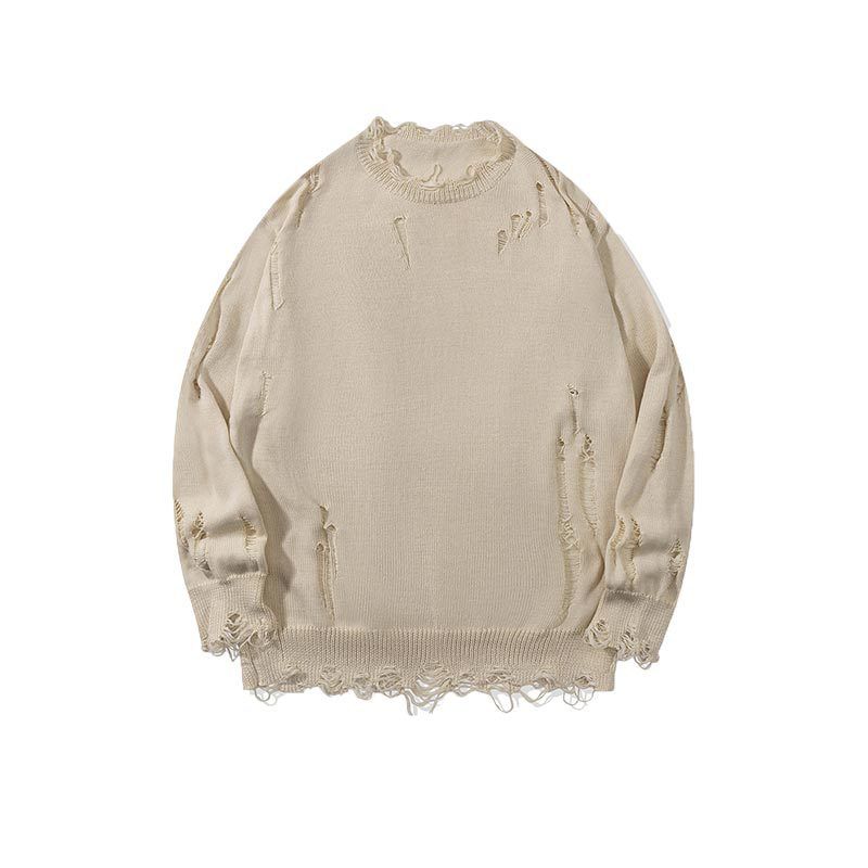 Men's Distressed Knit Sweater - Trendy Loose Fit Crewneck Pullover With Unique Jacquard Design, Autumn Casual Style (Available In Beige, Sizes S-XL)_voghion.com