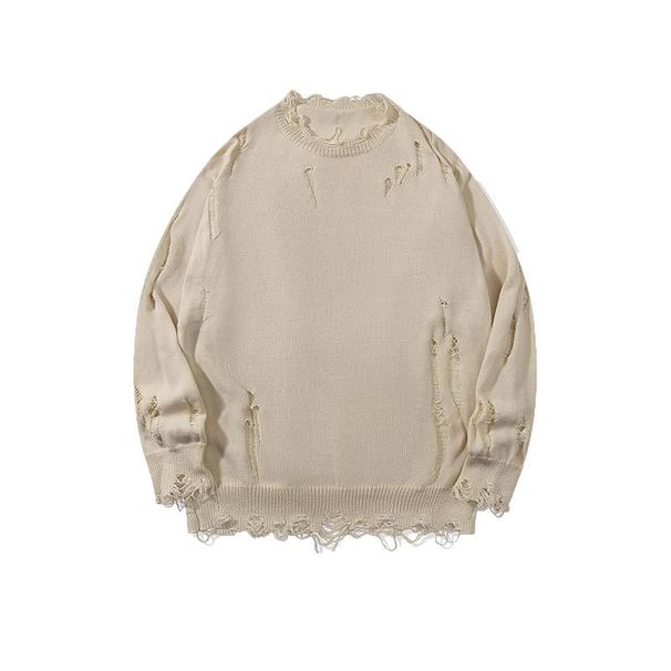 Men's Distressed Knit Sweater - Trendy Loose Fit Crewneck Pullover With Unique Jacquard Design, Autumn Casual Style (Available In Beige, Sizes S-XL)_voghion.com