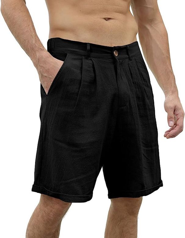 Abbigliamento uomo Pantaloncini da mare casual da uomo in cotone e lino Pantaloncini estivi classici in cotone con vita elasticizzata con bottoni_voghion.com