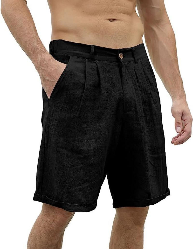 Vêtements pour hommes short de plage décontracté en coton et lin pour hommes short d'été classique en coton avec taille extensible boutonnée_voghion.com