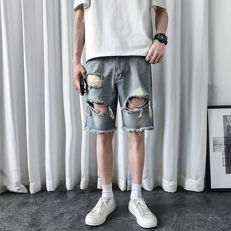 Herrenbekleidung Raw Edge Denim Shorts Herren Strandhose Lockere lässige Fünf-Punkt-Hose_voghion.com