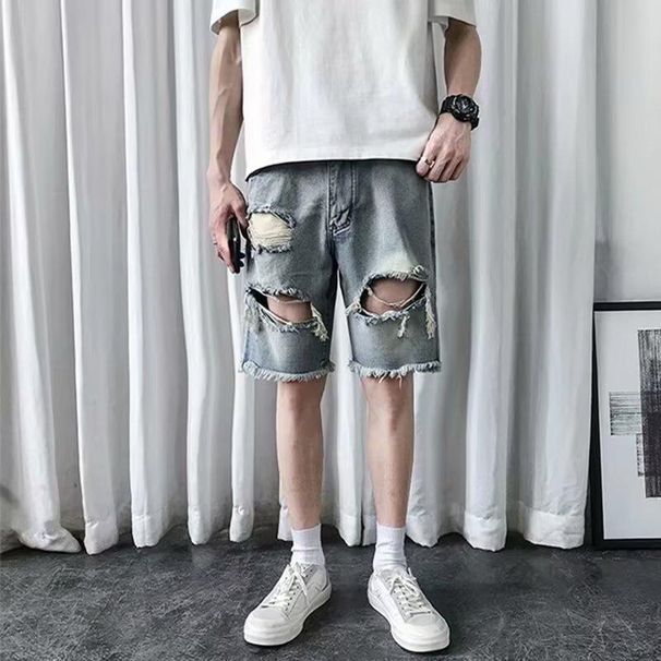 Herrenbekleidung Raw Edge Denim Shorts Herren Strandhose Lockere lässige Fünf-Punkt-Hose_voghion.com