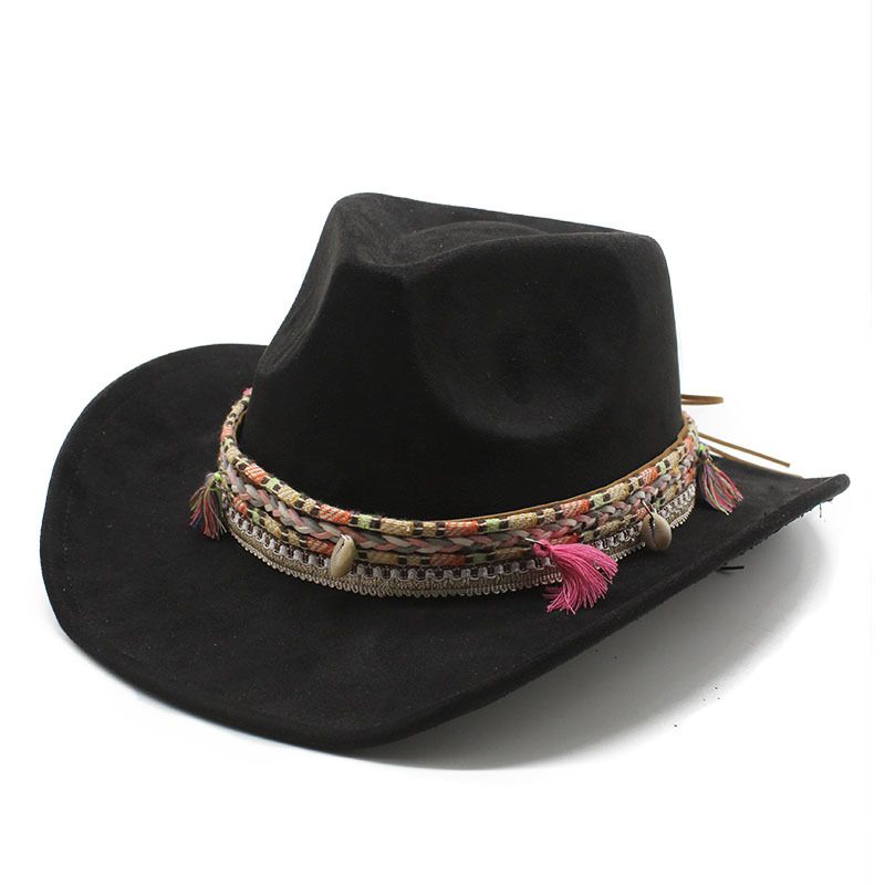 Bohemian Style Suede Western Cowboy Rolled Brim Hat Ethnic Tibetan Jazz_voghion.com