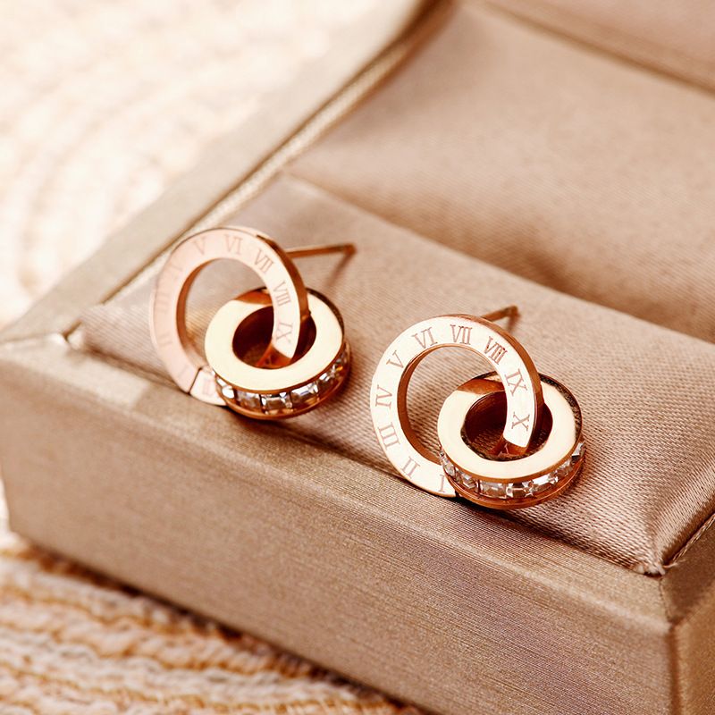 Europe And The United States Rome Diamond New Creative Earrings Rose Gold Titanium Steel Earrings Women's Double Ring Popular Earrings_voghion.com