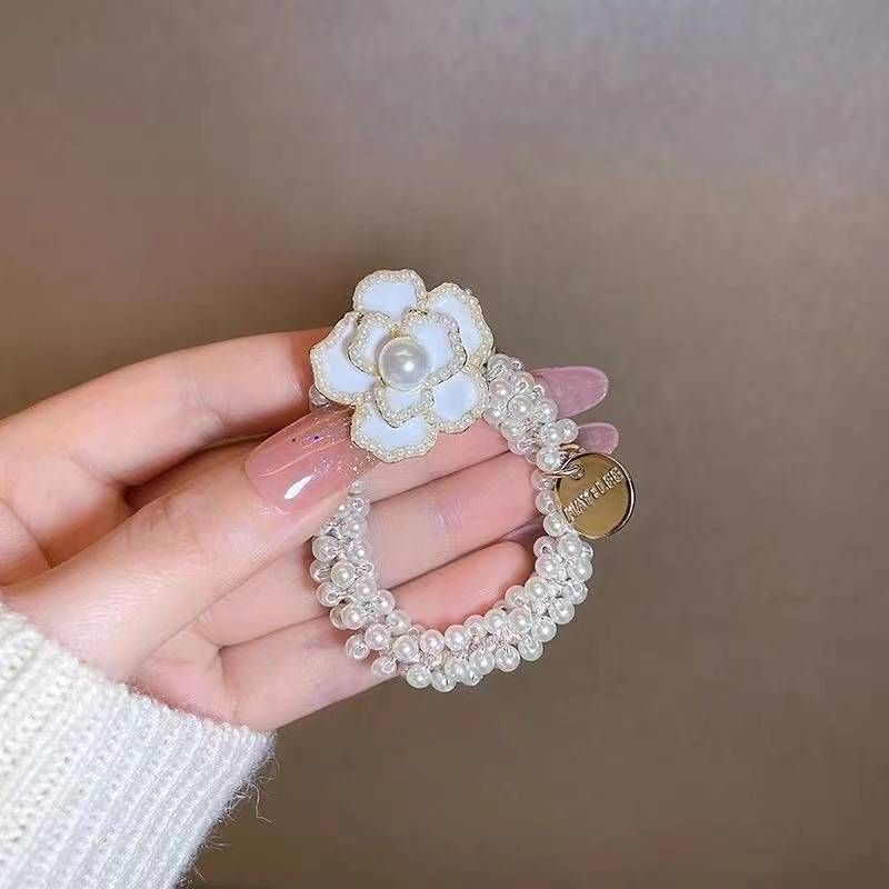 Parel Camellia Scrunchies voor haar Elastische haarelastiekjes Haarbanden Haarkoorden Bloemenhaaraccessoires voor vrouwen en meisjes_voghion.com