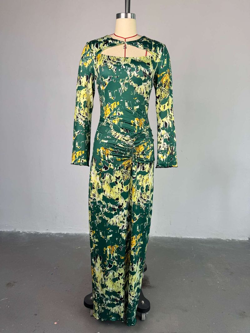 Women's Printed Cutout Collar Dress - Long Sleeve High Waist Bodycon Dress Slim Fit Hip Hugging For Casual & Date Night_voghion.com