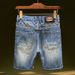 Roupas masculinas, shorts jeans rasgados, modernos, retrô, azul, desgastado, reto, elástico, slim fit, shorts remendados_voghion.com
