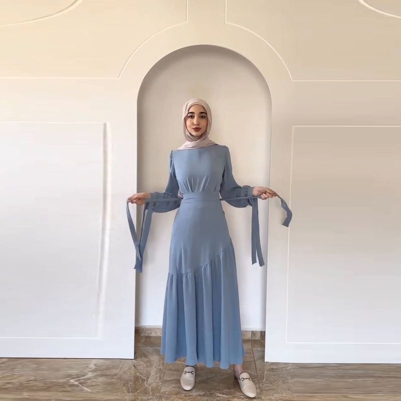 Arab Muslim Dubai 2025 Spring New Fashion Long Sleeve Tie Waist Midi Dress Set_voghion.com