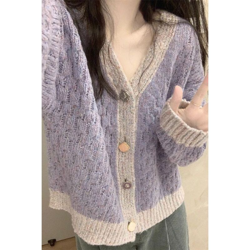 Pull-over violet à col en V pour femme, style coréen automne-hiver, cardigan en maille doux et ample_voghion.com
