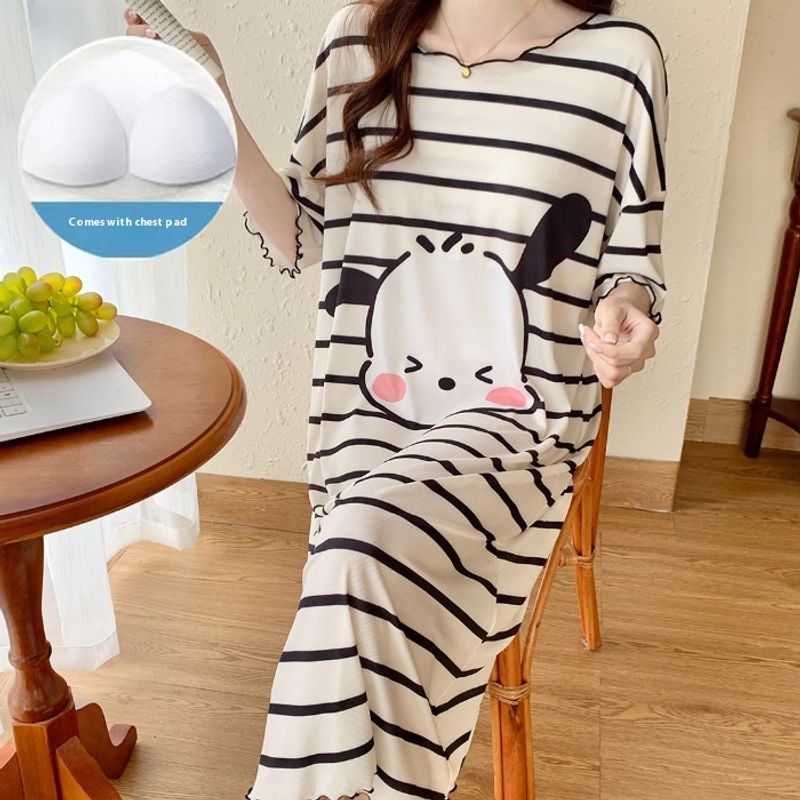 Schlafkleid, Nachtwäsche, Damen Sommer Kurzarm, süß dünn, locker und übergroß, neue Eisseide, süßes Mädchen,_voghion.com