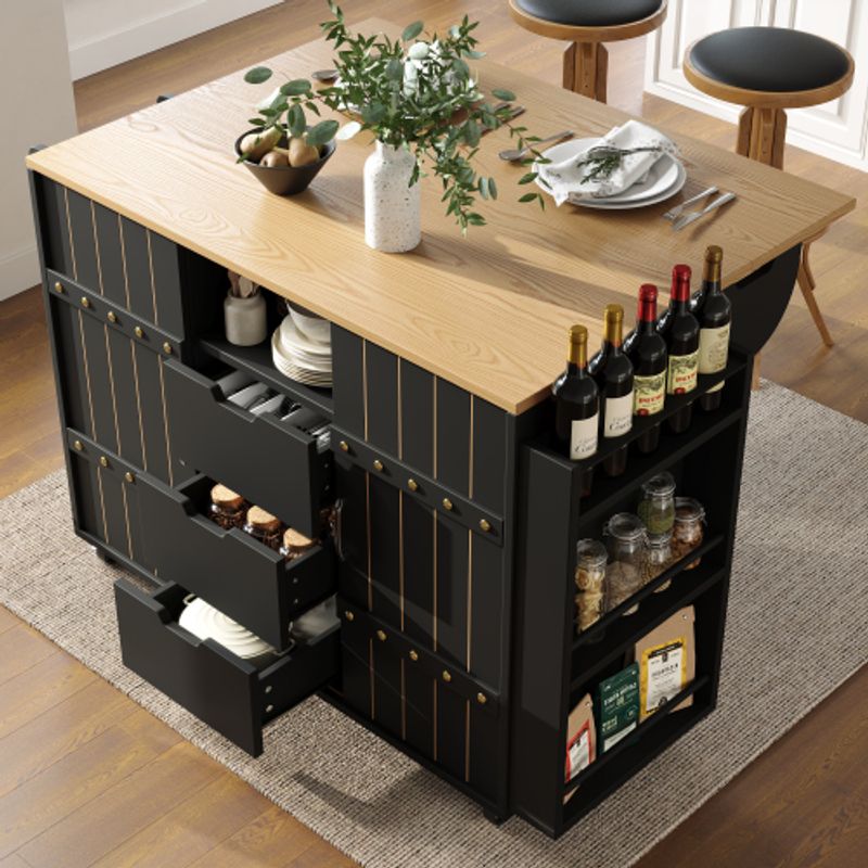 Küchenschrank, Servierwagen Mit Holzmaserung, Küchenwagen Mit Rollen Und Arbeitsplatte, Küchenwagen Mit Gewürzregal Und Handtuchhalter, Kücheninsel Mit Schiebetüren Und Schubladen, Schwarz_voghion.com