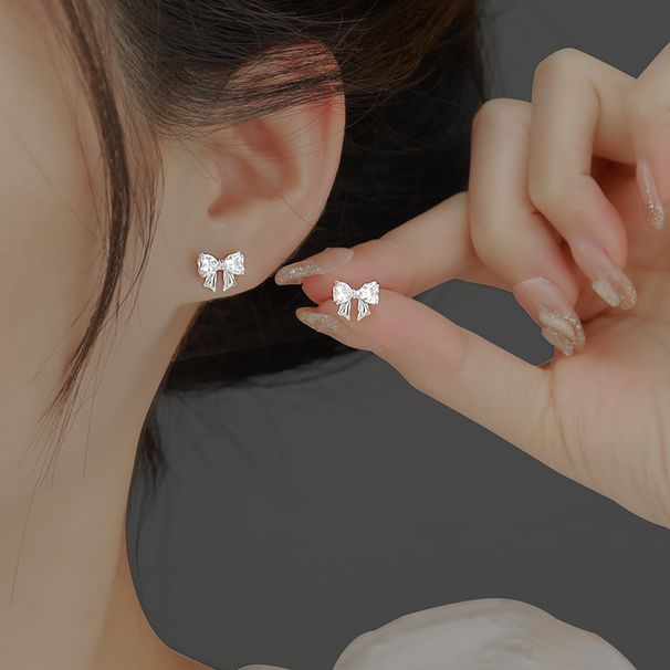 Sterling Silver Needle Bowknot 2023 New Trend Korean Style Elegant Simple Student Zircon Earrings_voghion.com