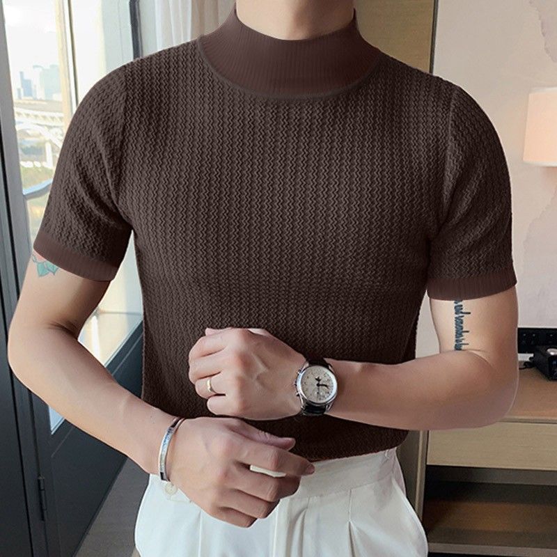 Vêtements d'été pour hommes, nouveaux hauts à manches courtes, coupe ajustée, simples, tricotés, col mi-haut, couleur unie_voghion.com