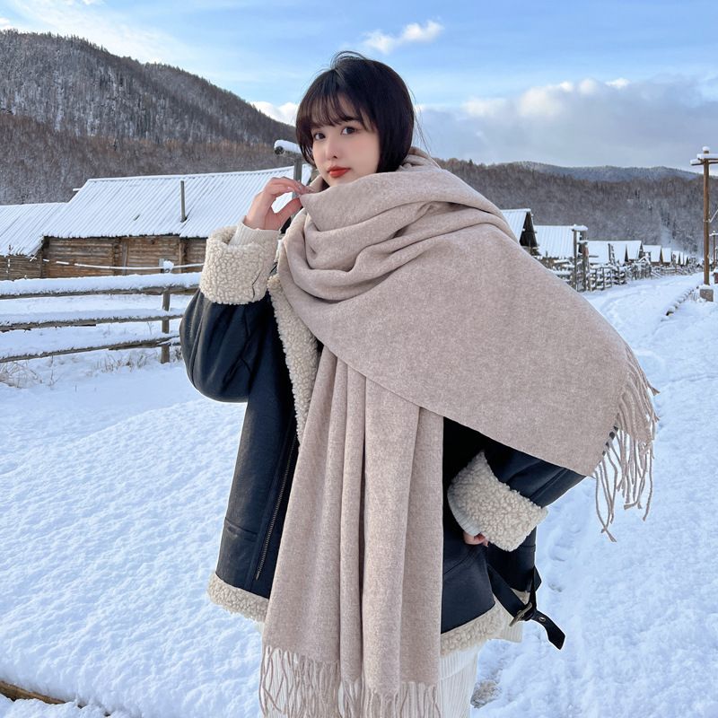 Ladies Wool Scarf, Autumn And Winter Models, Warm And Thick, Korean Style, Versatile Solid Color, Long Shawl, Sweater Coat,_voghion.com