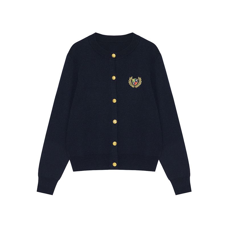Giacca da donna in stile college con scollo tondo, bottoni in metallo, manica lunga, tinta unita, ricamata_voghion.com